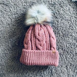 David and Young Women's Pink Knitted Beanie Hat with Fur Lining & Puff Ball